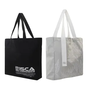 Bolso de mano de lona de algodón con estampado de diseño personalizado Bolsas de compras reutilizables recicladas plegables orgánicas lisas con logotipo