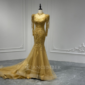 Robe de soirée sirène de luxe Xs228 en dentelle royale avec appliques de cristaux et volants, dorée, élégante, pour femme, idéale pour les fêtes et mariages - Product Image 4