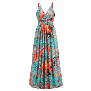 Bohemian Moda Férias Verão Halter Sexy Maxi Longo Floral V pescoço Colorido Atacado Fábrica Estoque Personalizado Mulheres Vestido