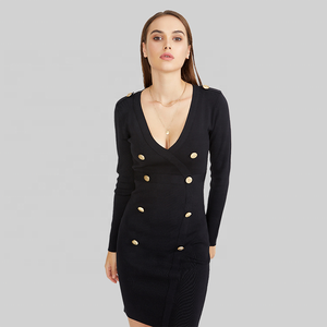 <span class=keywords><strong>KD</strong></span> maglieria produzione personalizzata OEM ODM all'ingrosso ultimo stile bottone anteriore manica lunga con scollo a V Sexy Mini abiti Sexy da donna - Product Image 2