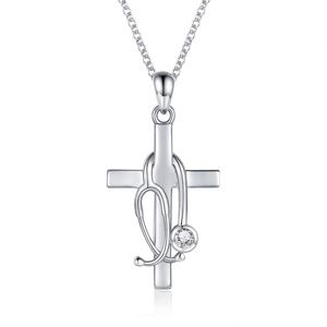 NEW Cross <b>Titanium</b> Steel Pendant Necklace Creative Stethoscope Shape Crystal Rhinestone Cross Necklace for Doctor Nurse Gifts - Product Image 2