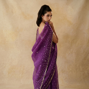 <b>Purple</b> Cotton <b>Saree</b> with Polka Dots and Gold Border Casual Wear for Women Moisture Wicking Quick Dry Stylish - Product Image 1