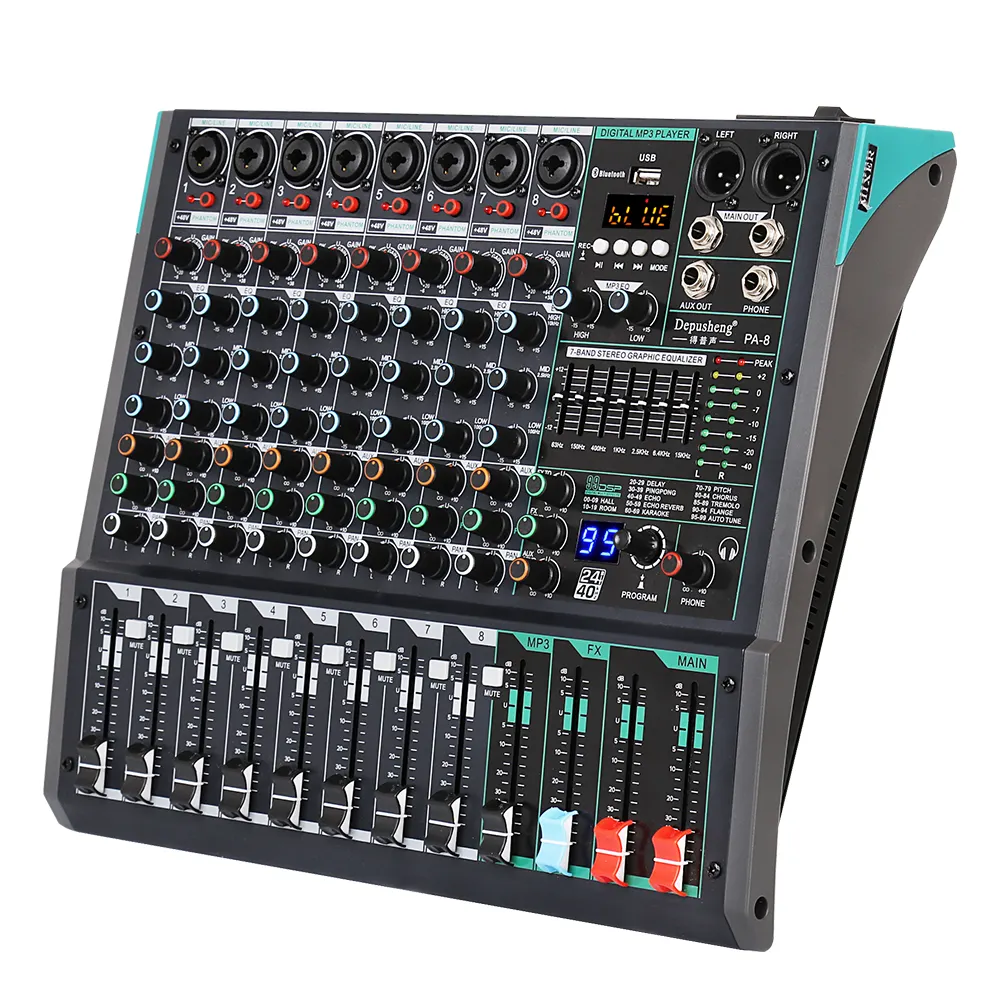 Depusheng PA8 Professional 8 Channel Sound Audio Console Mixer Built-in 99 Reverb Effect Digital DJ Audio Mixer