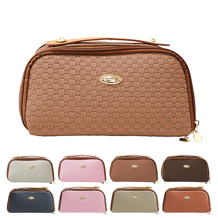 2024 New Product Brown Travel Make Up Colors Makeup Real Leather Luxury PU Cosmetic Toiletries Bag