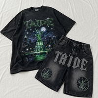 Ensemble short en jean et t-shirt graphique gothique certifié GRS TaiDe pour homme, délavé à l'acide, avec strass, lettres Old English, logo personnalisé, vente en gros OEM
