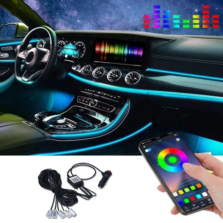 Application universelle à distance pied RGBW Fiber optique multicolore néon voiture Kit d'éclairage Ambinent lampe bande LED Kit intérieur voiture led lumière