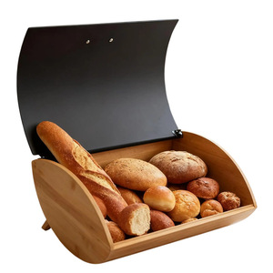Bamboo Bread <b>Box</b> Flip Top <b>Storage</b> Container Kitchen Countertop Bread Pastry Snack Organizer <b>Beige</b> Black Solid Color - Product Image 1