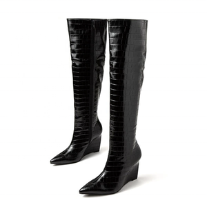 Stone Print Leather Wedge High Heel <b>Boots</b> Handmade Custom Women Shoes Winter Pointy Toe Side Zip Knee High <b>Boots</b> Size 43 - Product Image 6