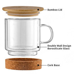 Tazza da caffè in vetro a doppia parete resistente al calore ecologica, Design personalizzato tazza in vetro <span class=keywords><strong>Good</strong></span> Morning con fondo in sughero e coperchio in bambù - Product Image 3