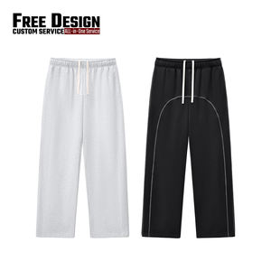 Men's 350GSM Fleece Wide Leg Pants 3-needle 5-thread Cover Stitch Design Casual <b>Drawstring</b> Contrast Color <b>Trousers</b> - Product Image 3