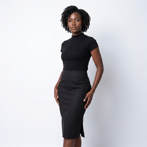 Women High Waist Pencil <b>Skirt</b> Knee-Length Solid <b>Black</b> With Side Slit Office Lady Style Woven Spandex Polyester - Product Image 1