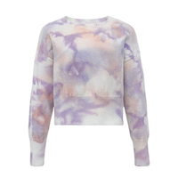 Pull tricoté décontracté Y2K pour femme, col rond, tie-dye dégradé violet-rose, coupe courte, épaules tombantes, manches longues, ourlet côtelé