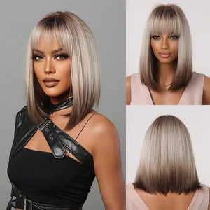 Peluca sintética de estilo europeo americano, la más vendida transfronteriza, hecha a máquina, para mujer, con flequillo, degradado gris, pelo corto, corte bobo. - Product Image 2