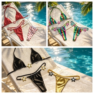 Maillot <span class=keywords><strong>de</strong></span> <span class=keywords><strong>bain</strong></span> personnalisé tendance euro-américain en satin deux pièces style Baudeau pour femme – Bikini élégant triangle pour la plage – Fabrication usine - Product Image 4