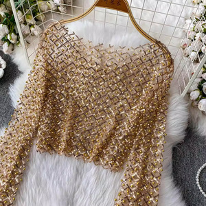 Women's Sexy <strong>Mesh</strong> Beaded <strong>Sequined</strong> Long-Sleeve <strong>Top</strong> T-Shirt Sehe Fashion - Product Image 5