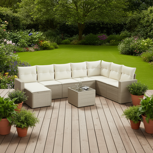 Ensemble de canapés de jardin en rotin beige avec structure en acier et verre trempé, mobilier d'extérieur au design contemporain pour 6 personnes - Product Image 2