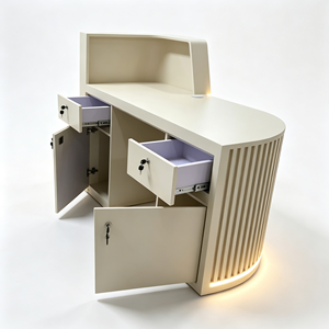 Modern Curved LED <b>Reception</b> <b>Desk</b> Custom Logo Beauty <b>Salon</b> Front Counter Cream White Ribbed Design Spa Hair <b>Salon</b> <b>Reception</b> Table - Product Image 4