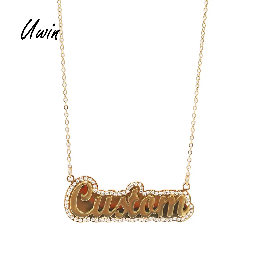 UWIN Stainless Steel Name Bling Bling Stone Couple Name Plate Necklace PVD Plating Rapper Jewelries