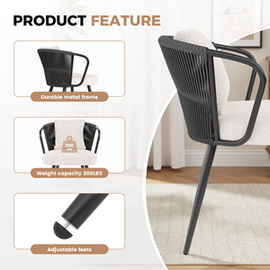 Chaise de salle à manger ergonomique moderne et respirante, avec dossier artisanal en corde tressée, assise en polaire Teddy et pieds réglables - Product Image 5