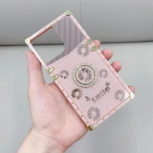 Diamante cuadrado Anillo de pie resistente acrílico espejo selfie brillo TPU floral islámico blanco religioso fundas para teléfonos móviles