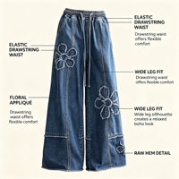 Jean floral pour femme taille basse, coupe large, ample, avec cordon de serrage, en denim tendance