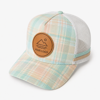 Casquette de baseball structurée en coton avec dos en maille, patch en cuir à carreaux, style trucker, décontractée pour l'extérieur, personnalisable, vente en gros