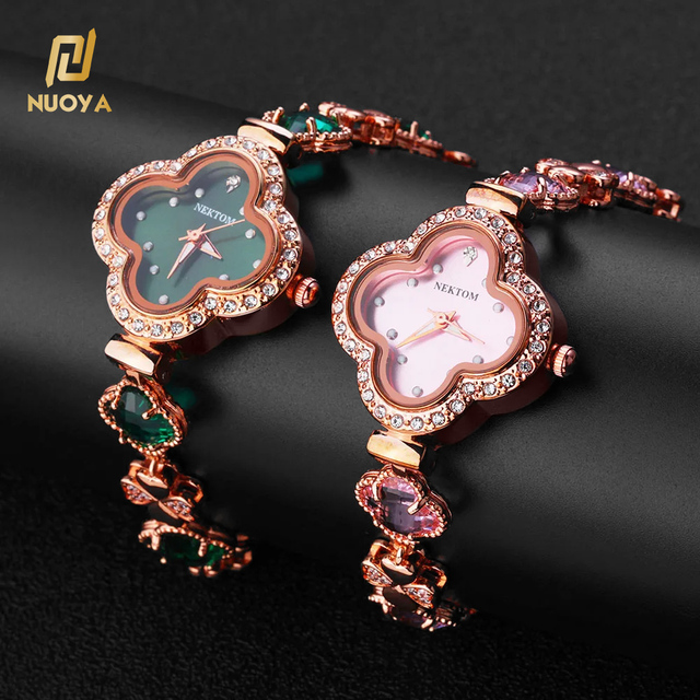 NUOYA Fashion Jewelry Bling Iced Out Gemstone Women's Quartz Watch Red Green Blue Dial Four Leaf Clover Wrist Watches for Gift