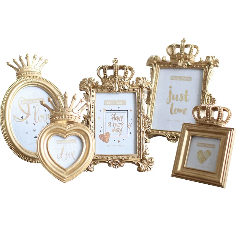Moldura de foto de ouro decorativa personalizada, moldura de resina com coroa de ouro