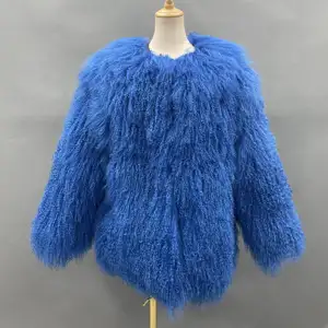 Sosyal bayan toptan özel tasarım uzun boy renkli doğal moğol koyunu kürk manto