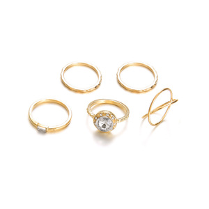 Juego de Anillos de Cristal Dorado de Lujo para Mujer, 5 Piezas, Joyería de Boda, Compromiso, Novia, Zirconia, Piedra Redonda - Product Image 5