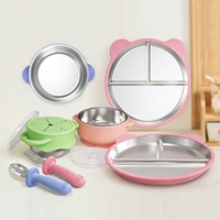 Ensemble de vaisselle pour enfants en acier inoxydable et silicone, avec assiette à compartiments à ventouse, fourchette, cuillère et tasse à collation, pour l'exportation