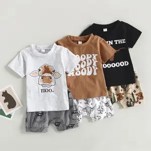 New Design Fashion Baby Boys Clothes Sets 2pcs Short Sleeve Cow Head Bull Letter Print Tops +Cow Short Pants Tracksuits Suit