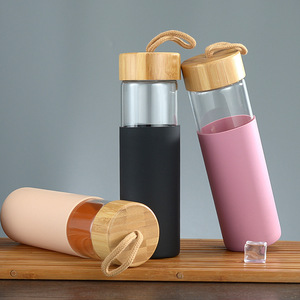 Custom Logo 12oz 17oz High Borosilicate <strong>Glass</strong> Water Bottle with Bamboo Lid Silicone Sleeve <strong>Glass</strong> <strong>Tumbler</strong> with Rope Handle - Product Image 4
