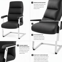 Fauteuil d'invité cantilever à assise profonde en cuir PU noir et gris, dossier segmenté haut, base chromée type traîneau, pour salle de réunion et conférence 1026