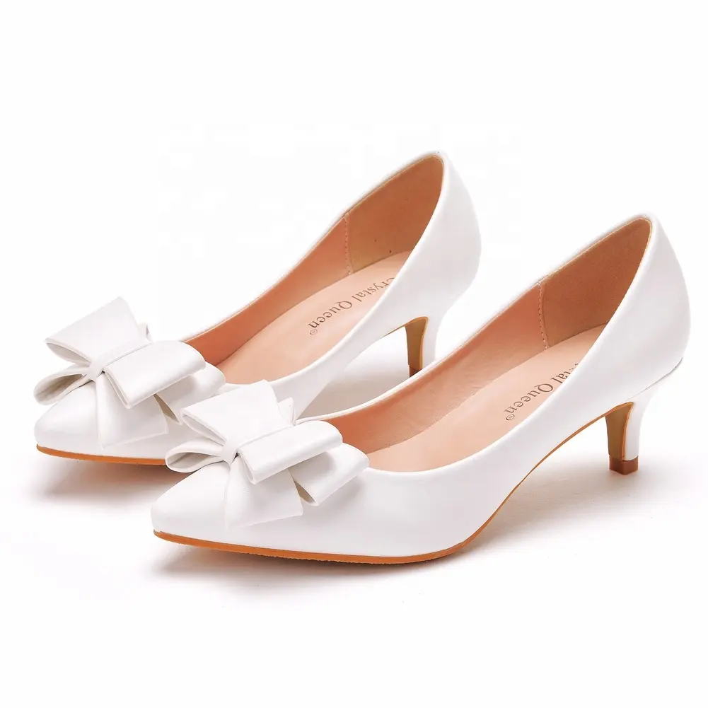 Hot Sell Elegant Simple Bow Womens Low Heels 5CM White Formal Bridal Wedding Shoes For Lady