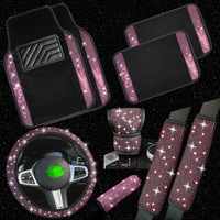 Ensemble d'accessoires de voiture scintillants : Housse de volant et tapis de sol universels avec strass étincelants pour femmes