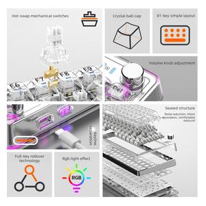 <span class=keywords><strong>Clavier</strong></span> de jeu mécanique transparent <span class=keywords><strong>K60</strong></span> sans fil tri-mode avec bouton rotatif, claviers TKL compacts à échange à chaud pour les joueurs/bureau - Product Image 3
