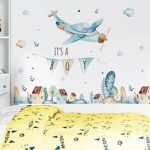Papel pintado de avión azul claro de dibujos animados, pegatina de pared de ciudad de cuento de hadas, decoración de habitación de niños, Fondo de guardería, calcomanía de pared - Product Image 2