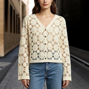 <span class=keywords><strong>Cardigan</strong></span> da donna lavorato a maglia con scollo a V sexy <span class=keywords><strong>traforato</strong></span>, stile europeo-americano, casual autunnale, monopetto, lavorato all'uncinetto - Product Image 4