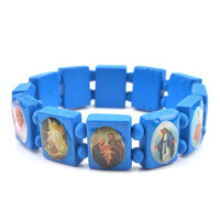 Bracelet en bois avec icônes religieuses, bijoux religieux, bracelet extensible en perles de bois, bracelet catholique chrétien, Saints et icônes