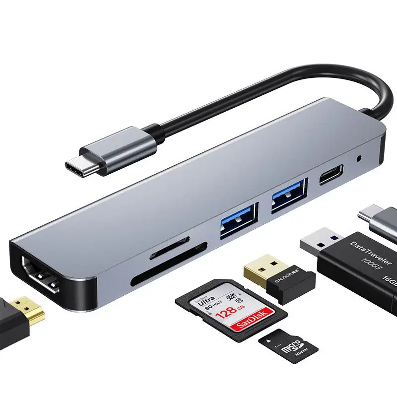 new design 6 in1 4K Type C to HDM-compatible USB3.0 with Micro-S D TF Card PD Hub Adapter Expansion Dock