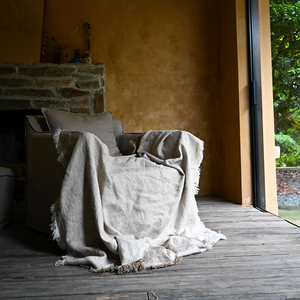 The Anti-static Yarn Dye <strong>Neutral</strong> Oatmeal Linen <strong>Throw</strong> with Fringes - Product Image 2