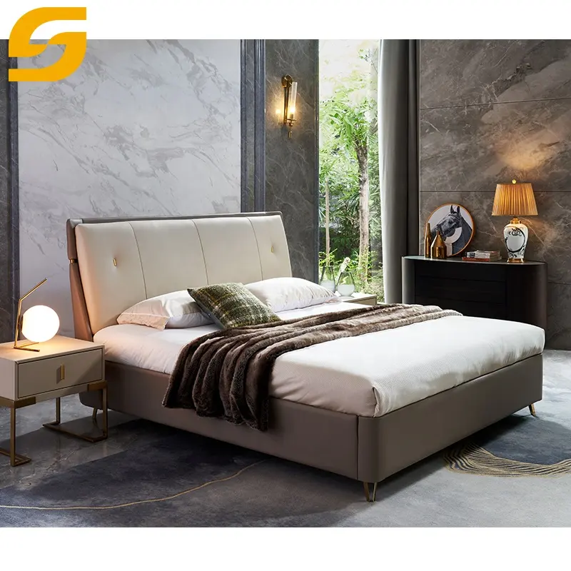 Muebles de dormitorio de tapicería de cuero de lujo de diseño moderno Juego de cama de hotel Cama doble tamaño King Queen con patas de cama de metal