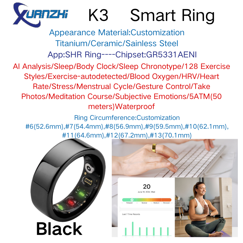 Black Xuanzhi-K3-AI health-sleep-remote control-smart-ring