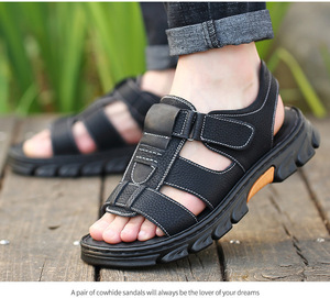 Sandales plates d'extérieur pour hommes en cuir PU <span class=keywords><strong>de</strong></span> haute qualité, semelles souples résistantes, personnalisables en usine et en gros pour l'été - Product Image 3