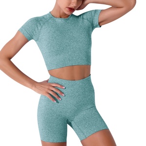 Ensemble soutien-gorge et short de yoga pour femme, en Spandex/Polyester, léger, doux, respirant, séchage rapide, coupe ajustée, dos froncé, à compression - Product Image 3