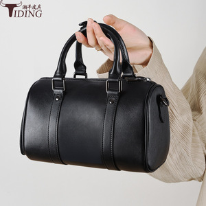 Bolso de Mano de Cuero Genuino Estilo Boston, Color Negro, Cierre de Cremallera Cilíndrico, Bolso Tote para Mujer, para Todas las Temporadas - Product Image 2