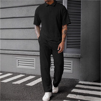 Ensemble Polo et Pantalon Long en Tricot Jacquard Texturé pour Hommes, Style Casual, Deux Pièces, Imprimé, Manches Courtes + Longues