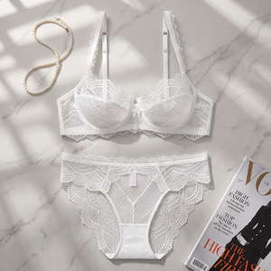 Conjunto de lencería de encaje blanco para mujer al por mayor, estilo francés, elegante conjunto de sujetador con aros y bragas, lencería sexy de malla transparente para mujer - Product Image 3