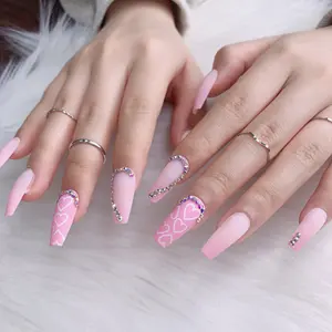 TSZS <span class=keywords><strong>2022</strong></span> <span class=keywords><strong>Faux</strong></span> ongles longs roses faits à la main de luxe à coller avec strass, forme cercueil personnalisée - Product Image 6